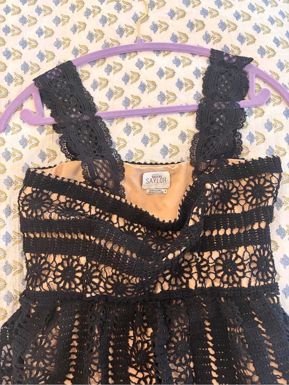 SAYLOR Black Crochet Overlay Dress with Nude Lining
